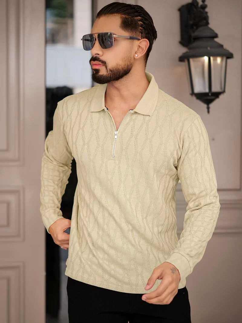 Maniac  Maniac Mens Stripes Full Sleeve Half Zipper Regular Fit Bottle Green and Black Cotton Polo T-shirt for Men | Best Price UAE